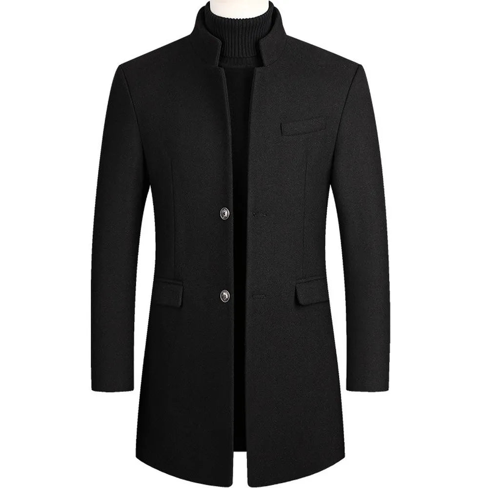 Formal men's stand collar overcoat, a sleek longline tailored jacket for professional business attire & evening wear.