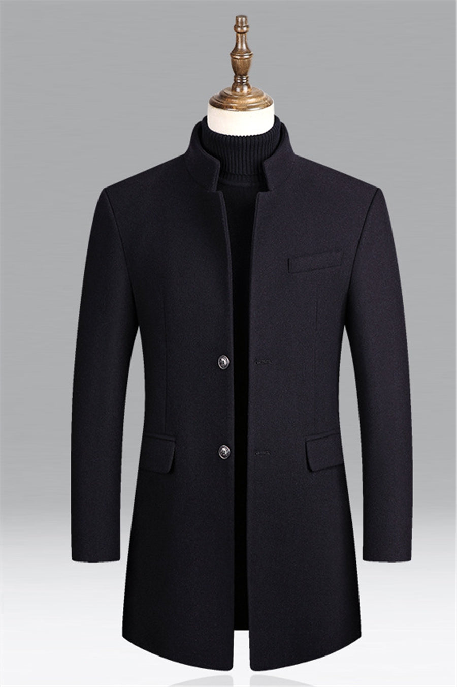Elegant men's black overcoat with stand collar, a fashionable longline jacket for business & upscale evening events.