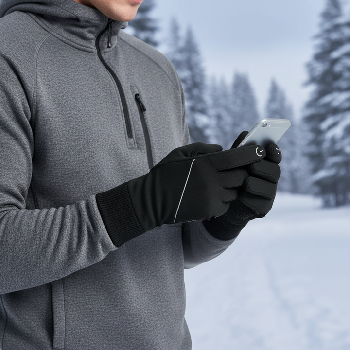 Men's black touchscreen winter gloves for cold weather. Stay warm and connected on your adventures.