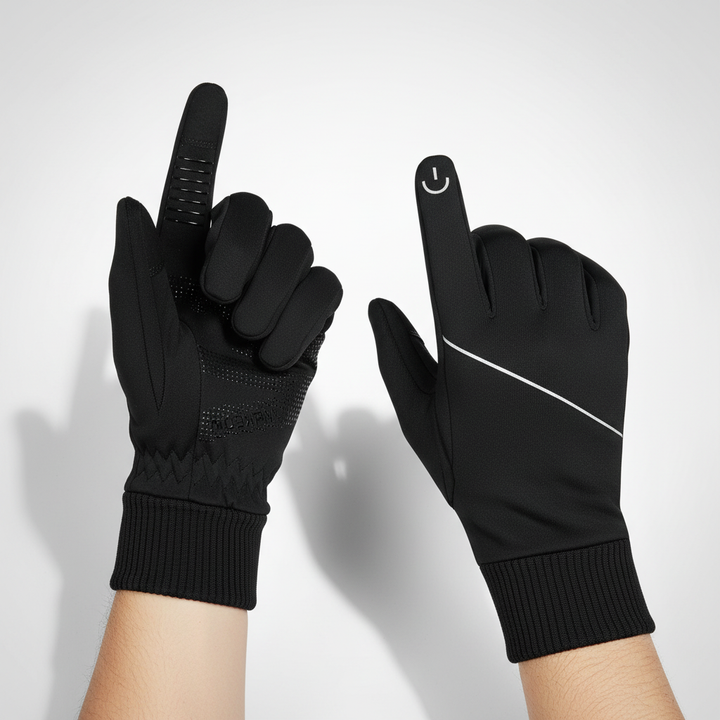 Men's winter adventure gloves with touchscreen capability, windproof design for staying connected & warm outdoors.