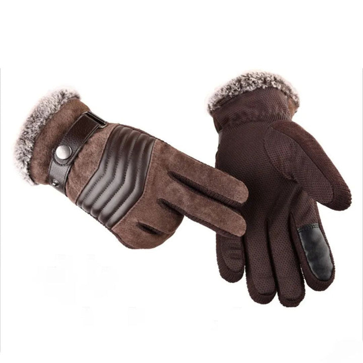 Close-up of men's warm knit gloves with touchscreen capability and adjustable leather wrist strap.