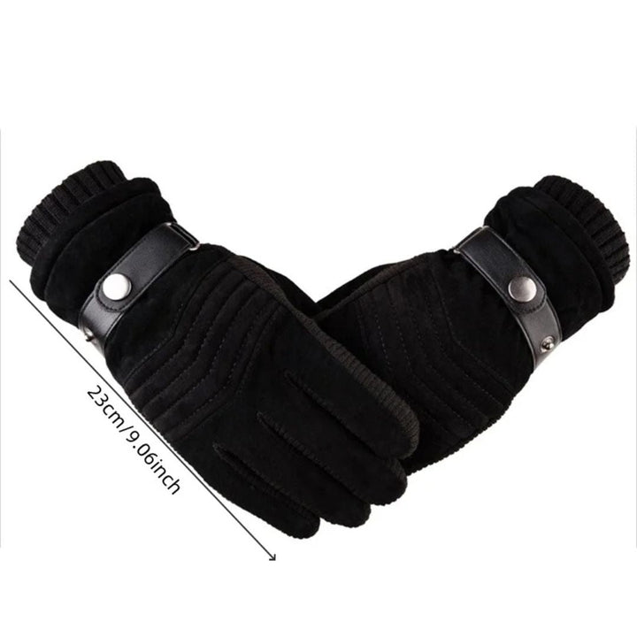 Front view of men's warm gloves, showing touchscreen tips and adjustable leather wrist closure.