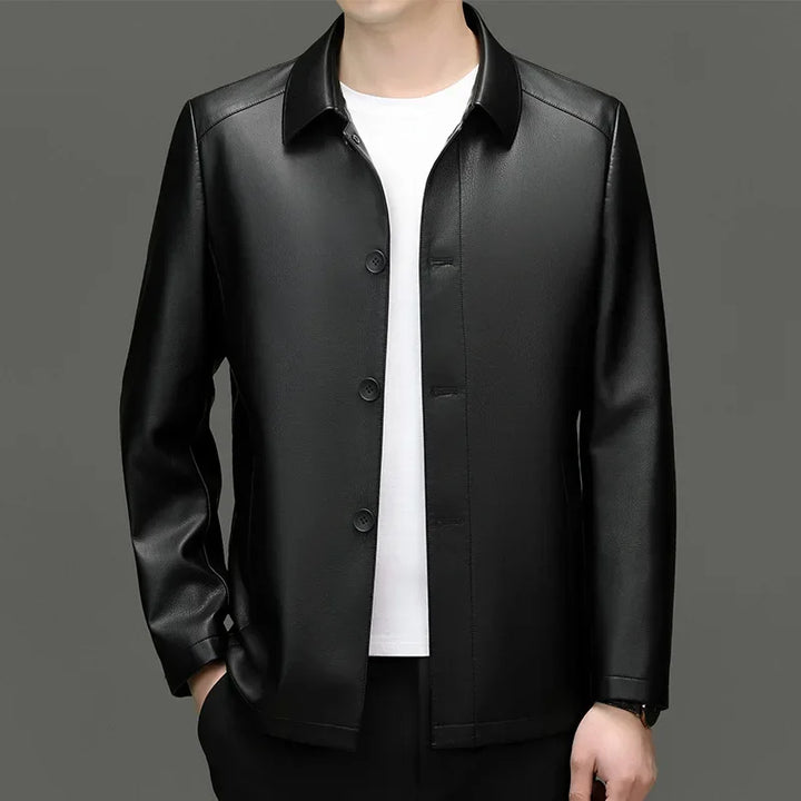 Men's black vegan leather moto jacket, classic biker style, durable faux leather finish