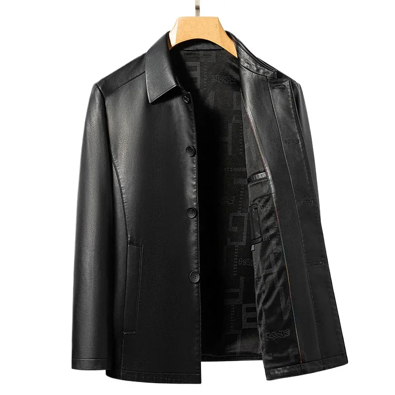 Stylish men's black vegan leather biker jacket, zippered pockets, modern outerwear fashion
