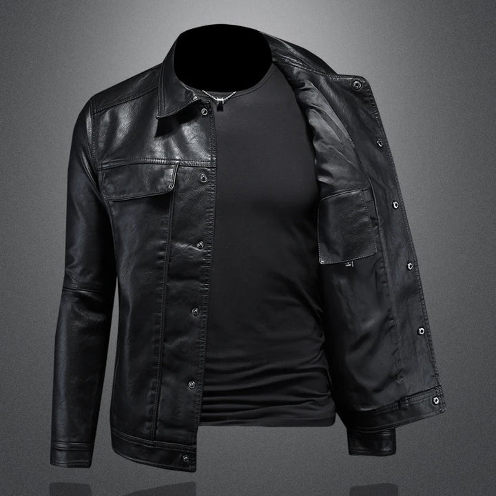 Durable men's outerwear: a black vegan leather Napoli jacket, ideal for a smart-casual look