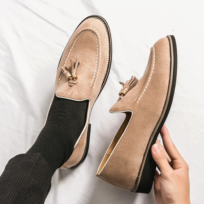 Stylish men's navy velvet tassel loafers, perfect for smart casual footwear