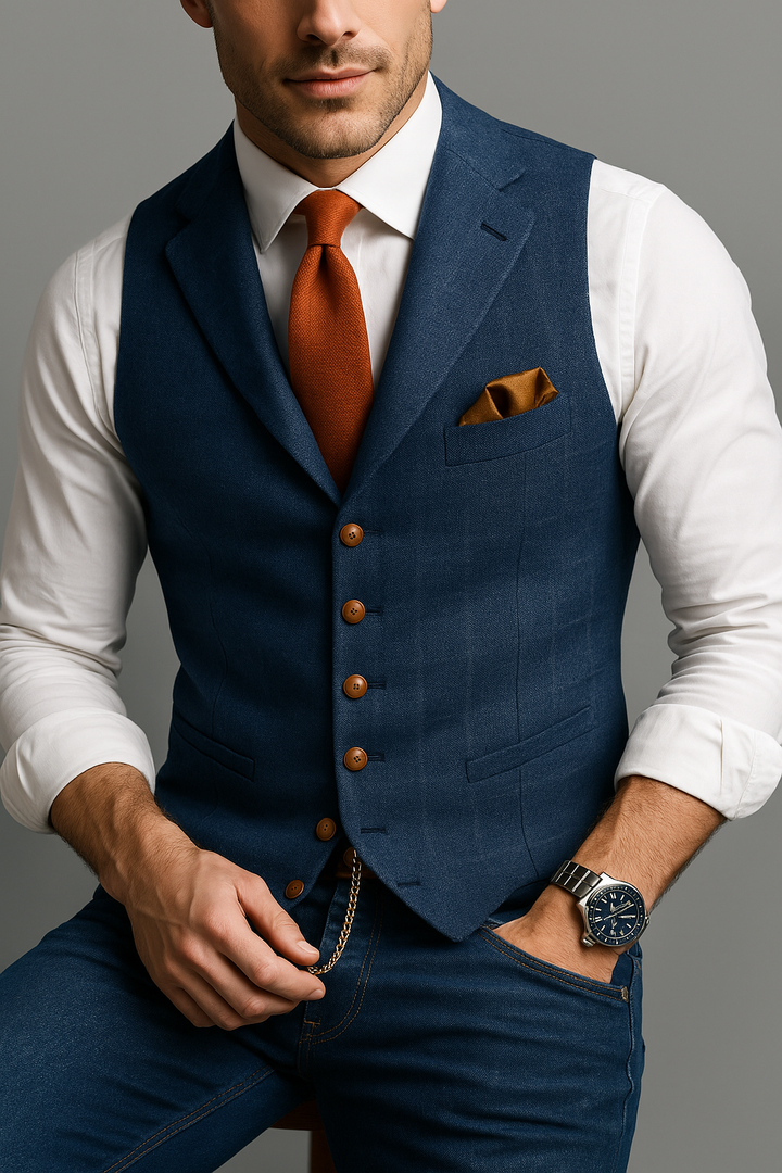 Men's blue checked waistcoat. Stylish formal vest for business attire, weddings, and smart casual events.