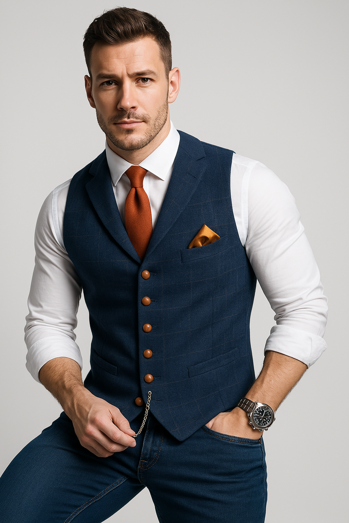 Elegant men's tailored blue checked vest. Perfect for formal wear, smart casual looks, and wedding attire.