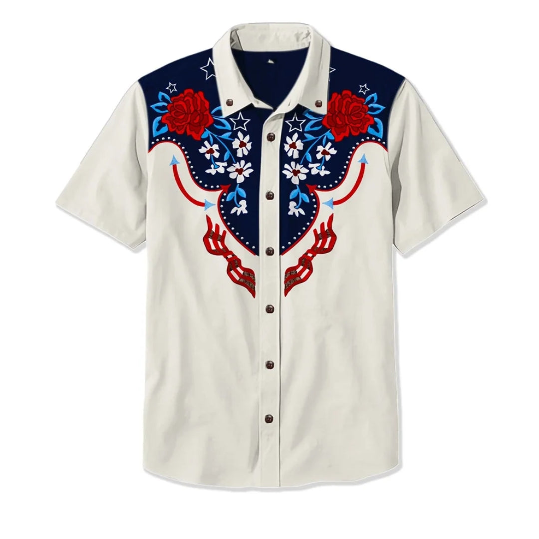 Men's bold embroidered western shirt with long sleeves and button-down front, perfect for distinctive Americana style.