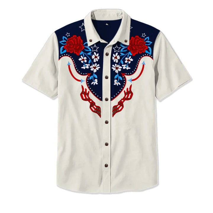 Men's bold embroidered western shirt with long sleeves and button-down front, perfect for distinctive Americana style.
