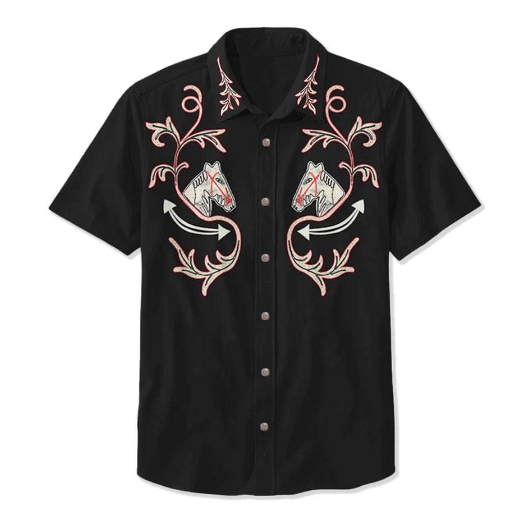 Close-up of the intricate embroidery on a men's western shirt, showcasing its unique and bold design.
