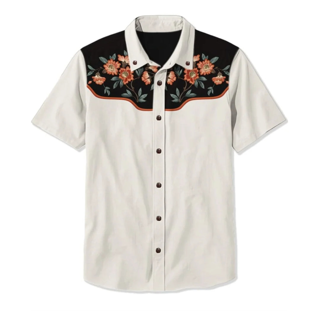 Full shot of a man wearing a relaxed fit embroidered western shirt, ideal for casual and statement fashion.