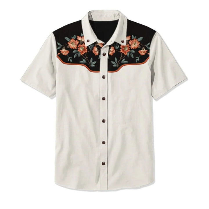 Full shot of a man wearing a relaxed fit embroidered western shirt, ideal for casual and statement fashion.