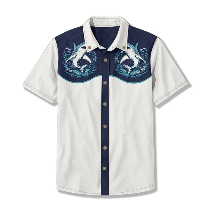 Stylish button-down mens shirt with distinctive western embroidery, a bold choice for any casual occasion.