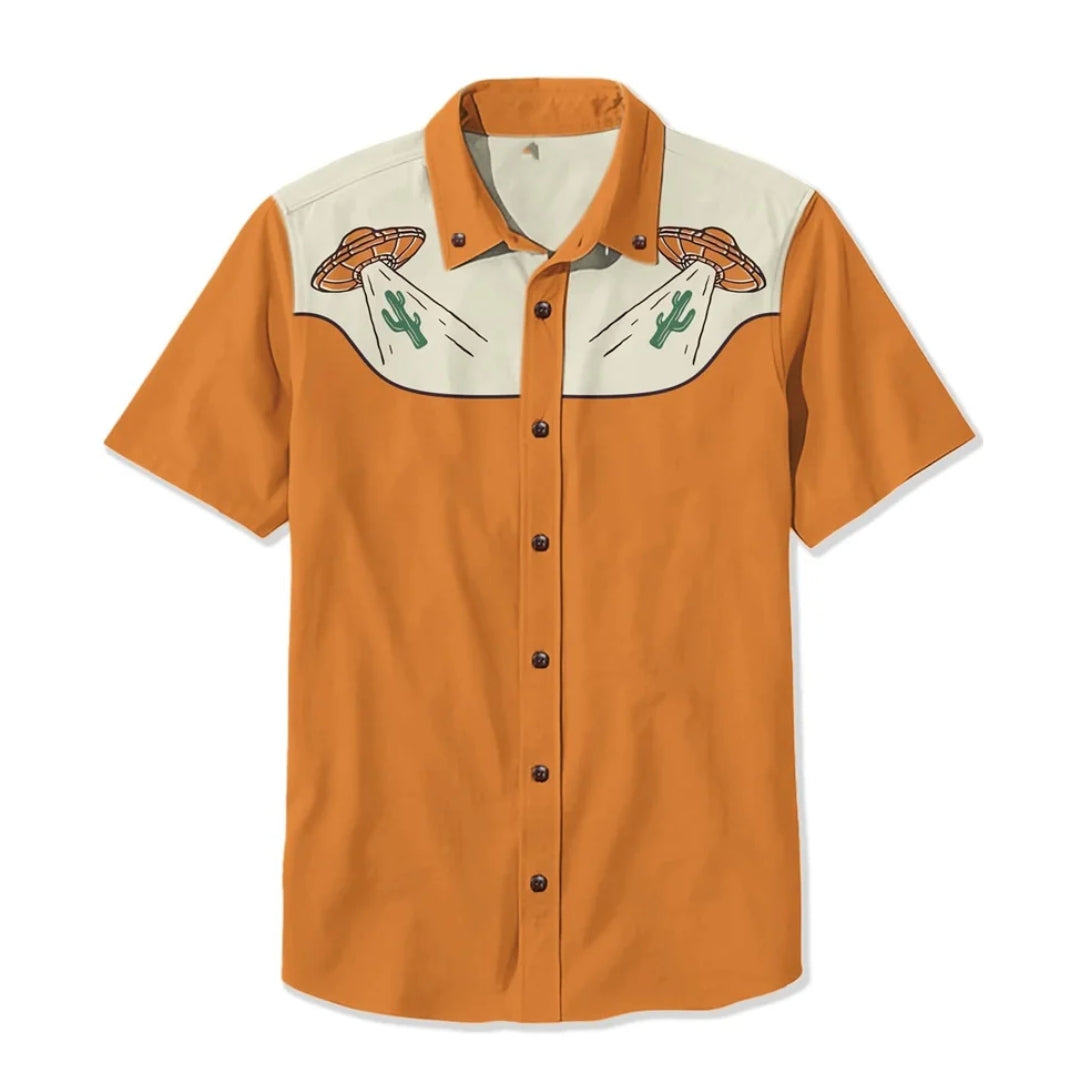 Detailed view of the fabric and bold stitching on this unique men's embroidered western shirt.