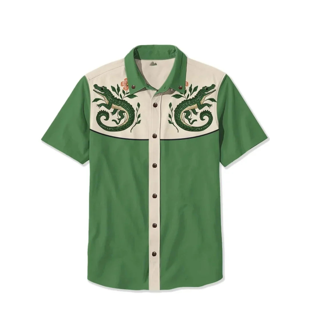 Vibrant embroidered patterns on a men's western shirt, designed for a bold and distinctive fashion statement.