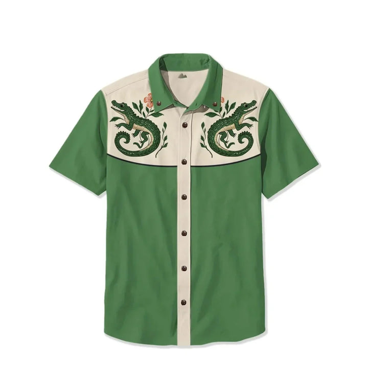 Vibrant embroidered patterns on a men's western shirt, designed for a bold and distinctive fashion statement.