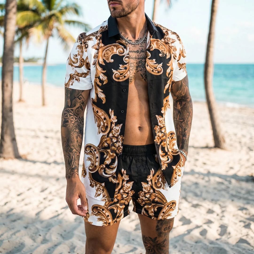 Men's bold print two-piece summer set with relaxed fit shirt & shorts, perfect for casual vacation wear.