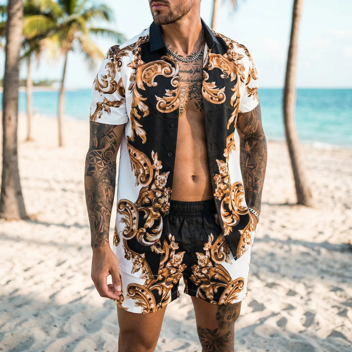 Men's bold print two-piece summer set with relaxed fit shirt & shorts, perfect for casual vacation wear.