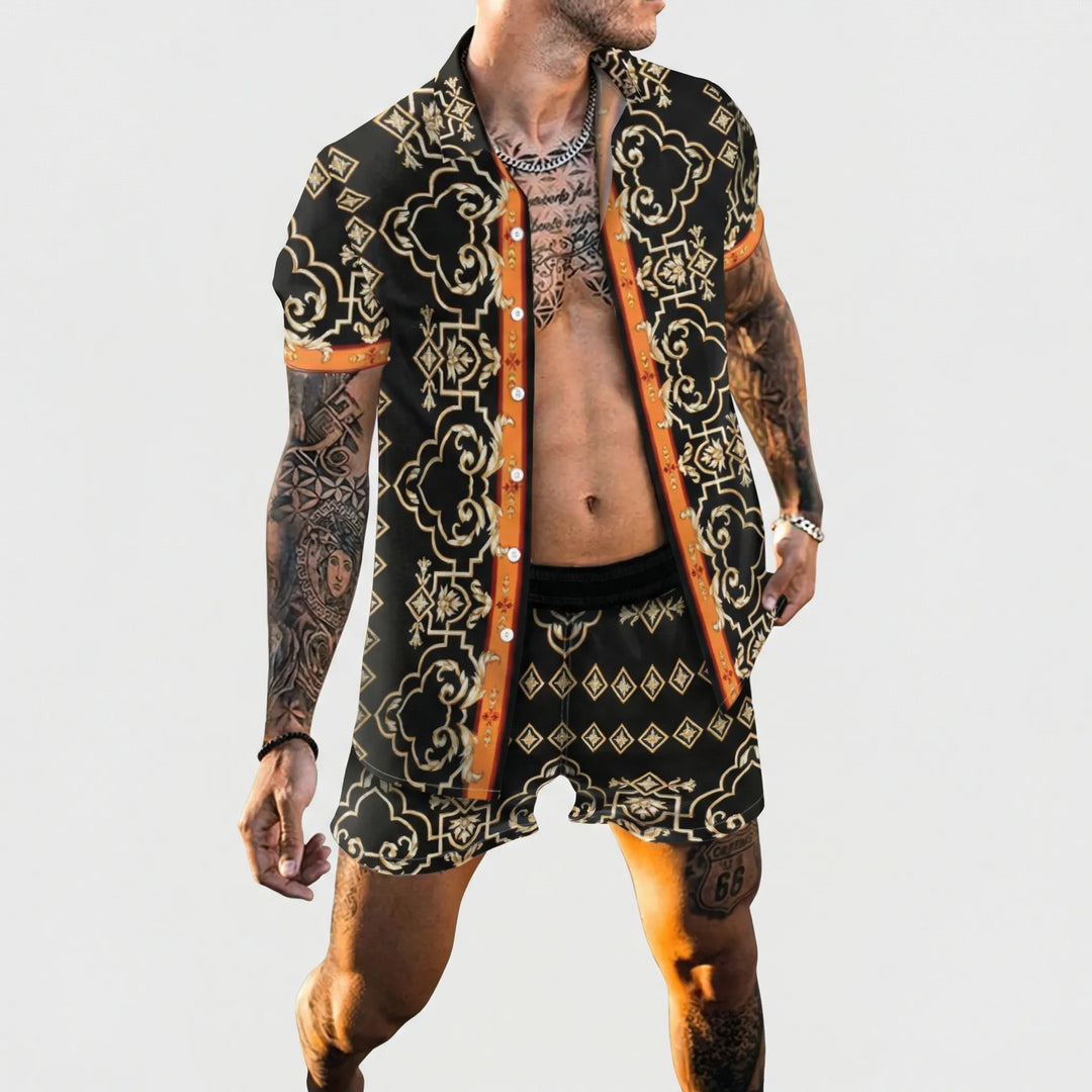Versatile men's two-piece summer set with a bold print shirt & shorts, great for holidays & casual wear.