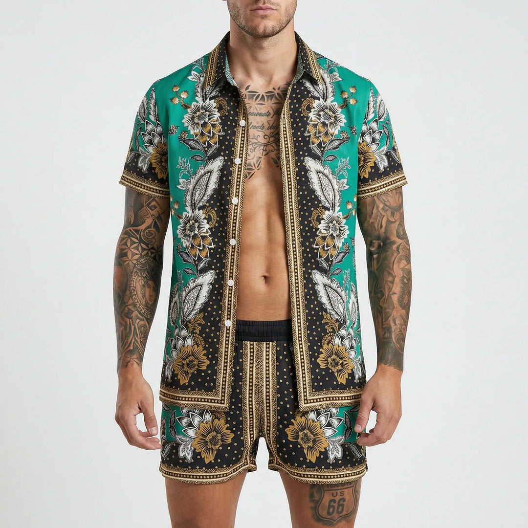 Men's relaxed fit bold print two-piece summer set, ideal for enjoying a summer vacation in style.