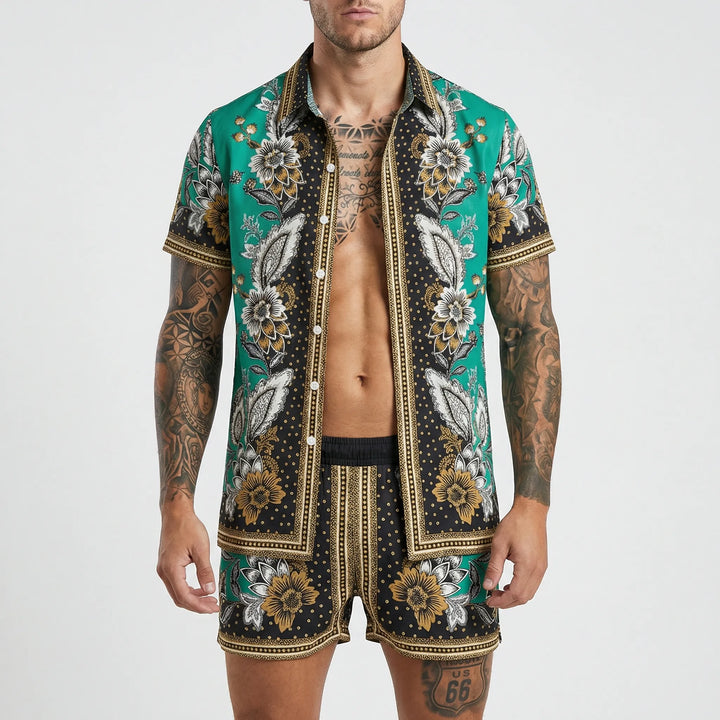 Men's relaxed fit bold print two-piece summer set, ideal for enjoying a summer vacation in style.