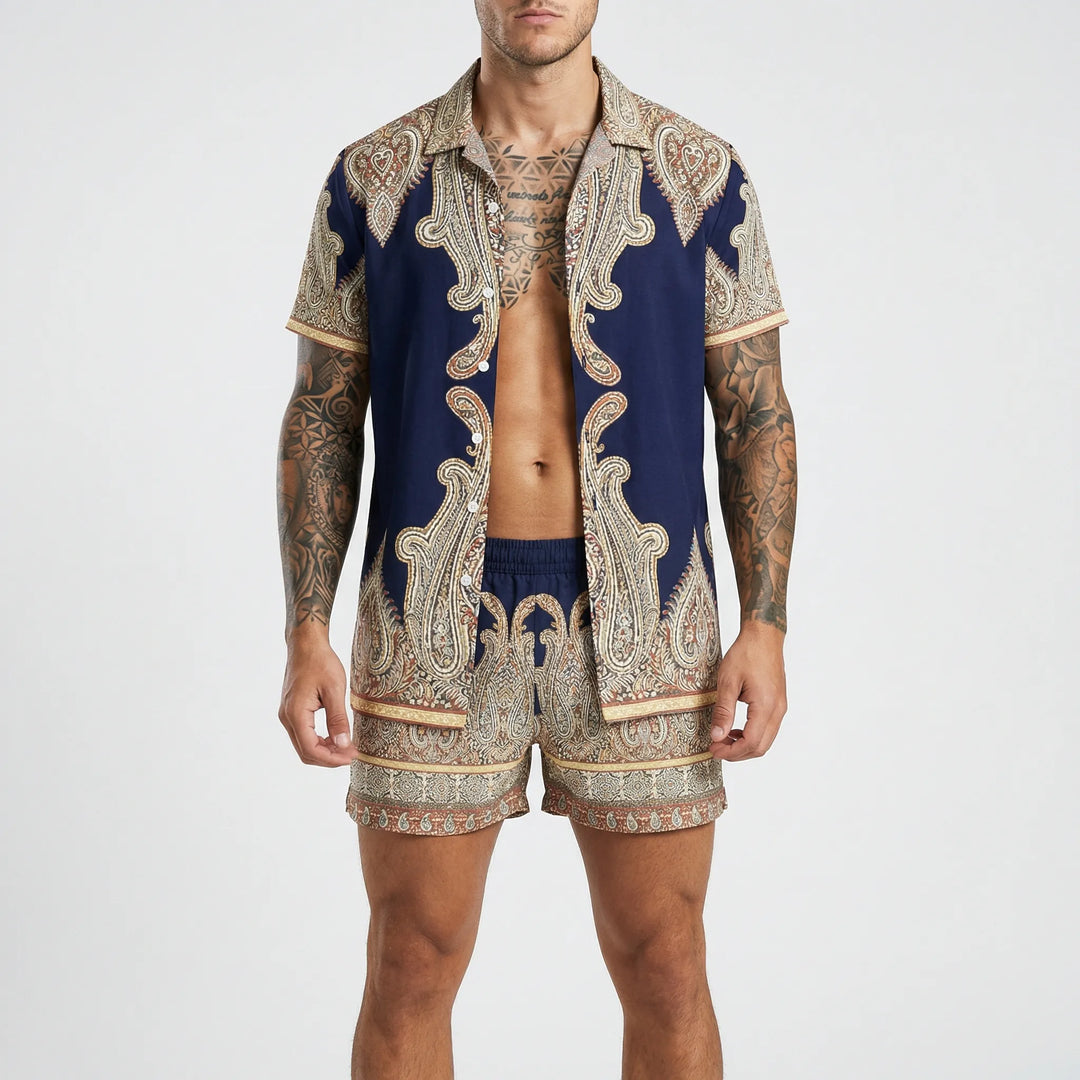 Bold print men's summer set, a comfortable two-piece outfit with relaxed fit shirt & shorts for vacation.