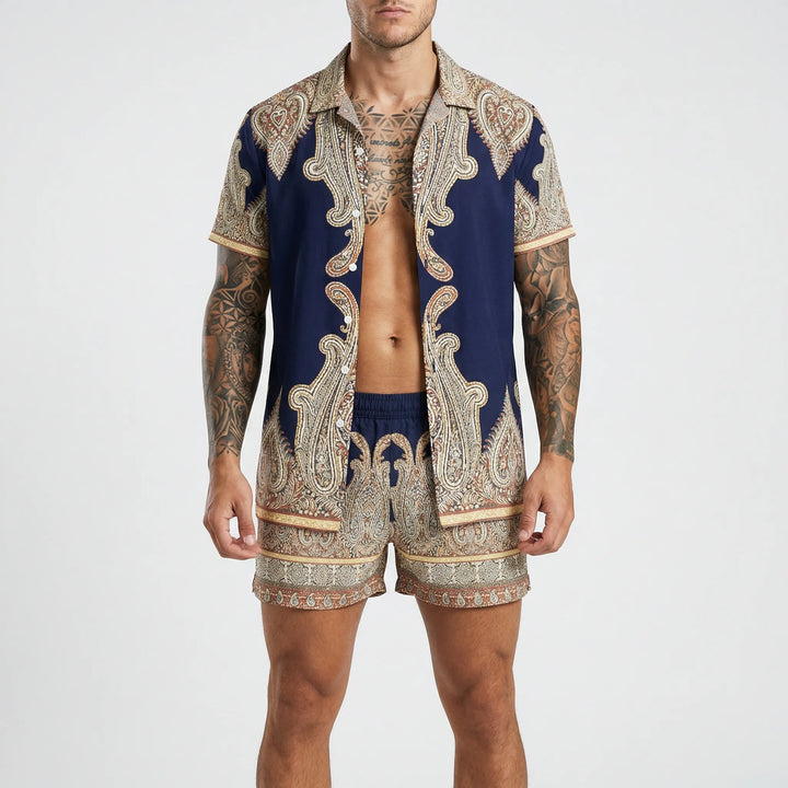 Bold print men's summer set, a comfortable two-piece outfit with relaxed fit shirt & shorts for vacation.