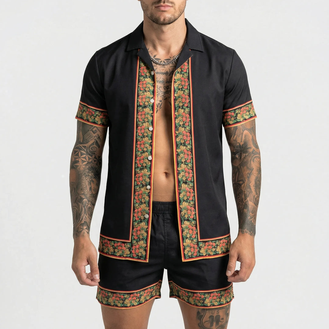 Men's casual summer two-piece set, featuring a stylish print shirt and comfortable shorts for vacation.