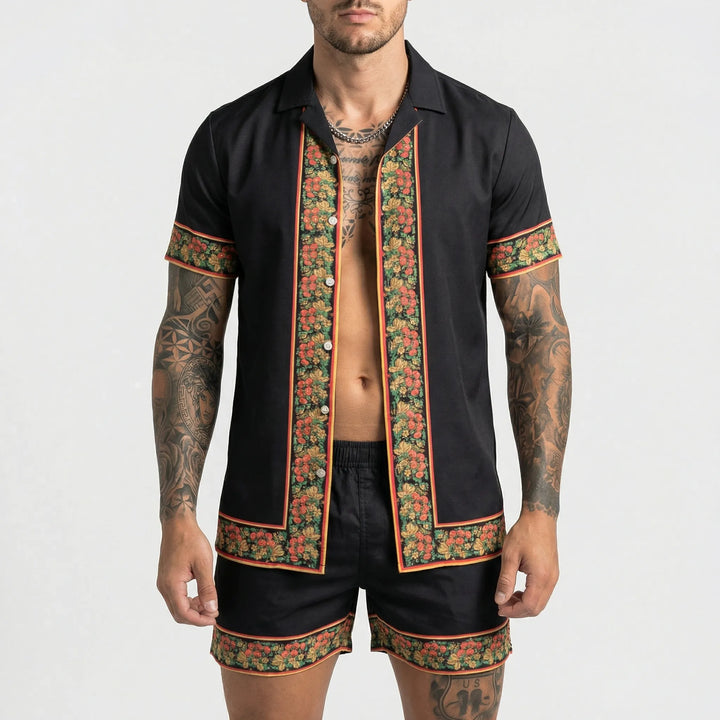 Men's casual summer two-piece set, featuring a stylish print shirt and comfortable shorts for vacation.