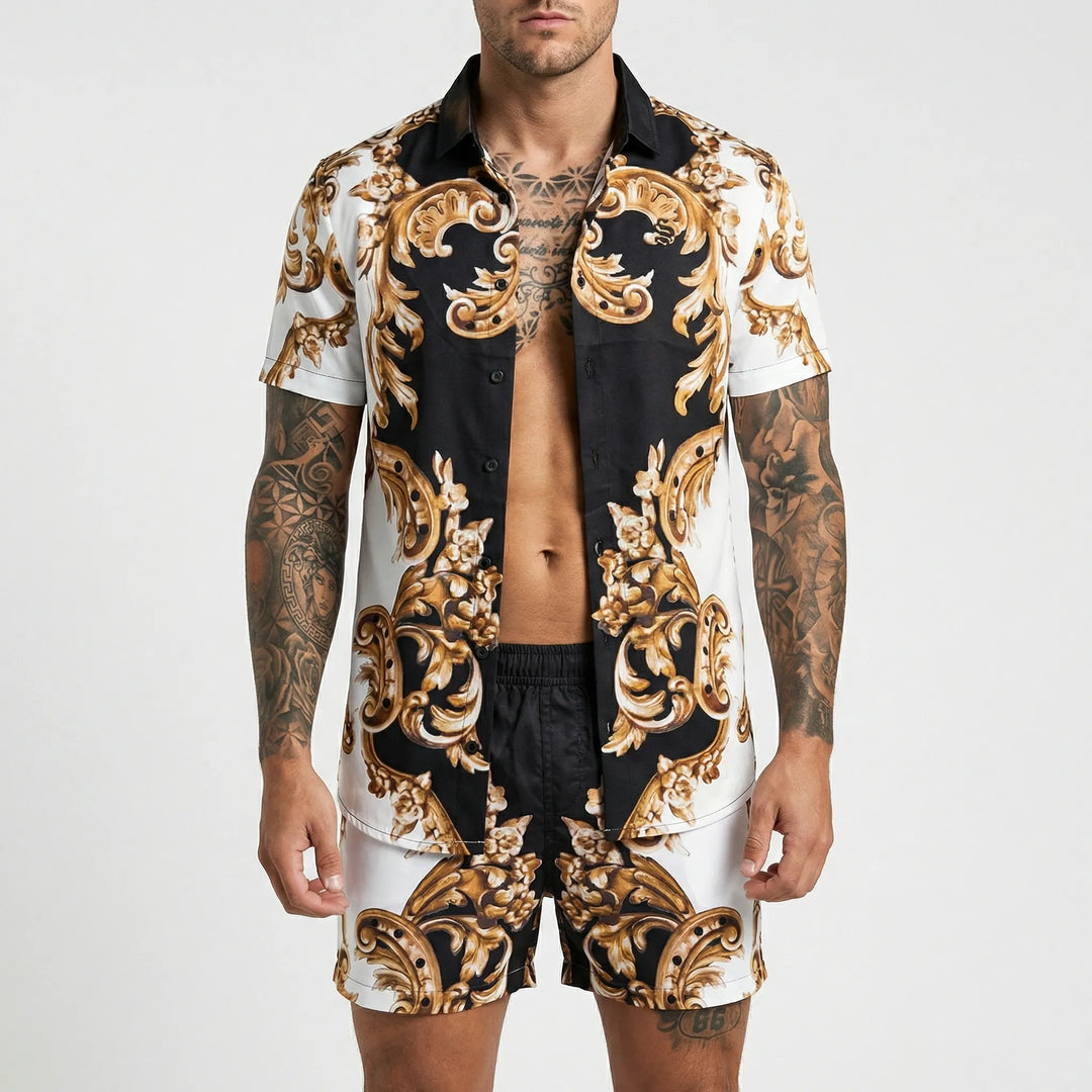 Casual men's two-piece summer set, relaxed fit print shirt & shorts for ultimate comfort on vacation days.