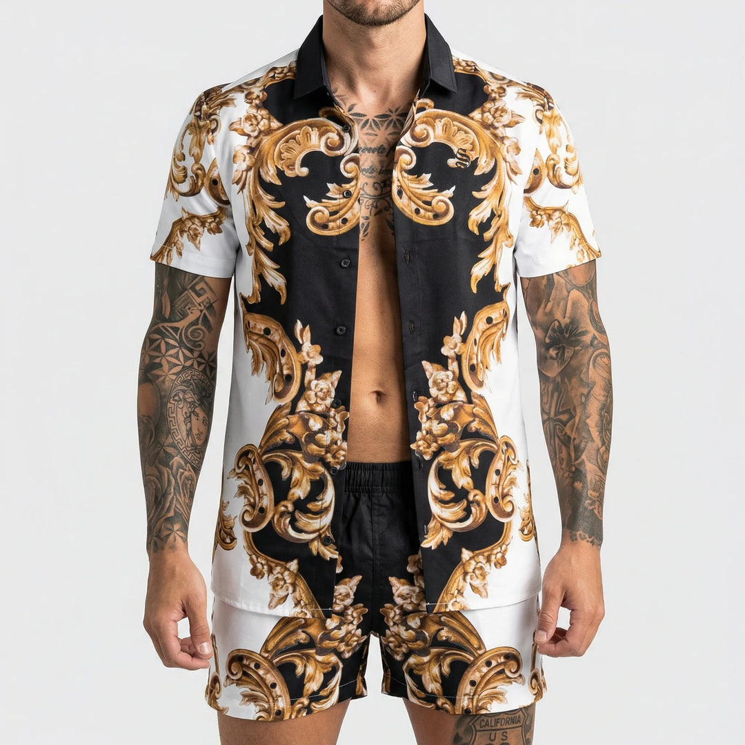 Men's summer two-piece set featuring a vibrant bold print short-sleeve shirt & matching shorts.