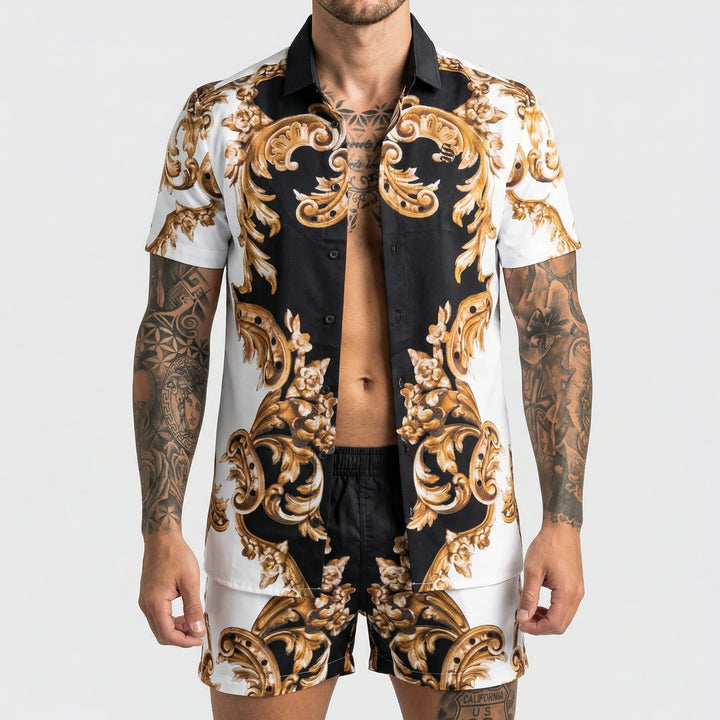 Men's summer two-piece set featuring a vibrant bold print short-sleeve shirt & matching shorts.