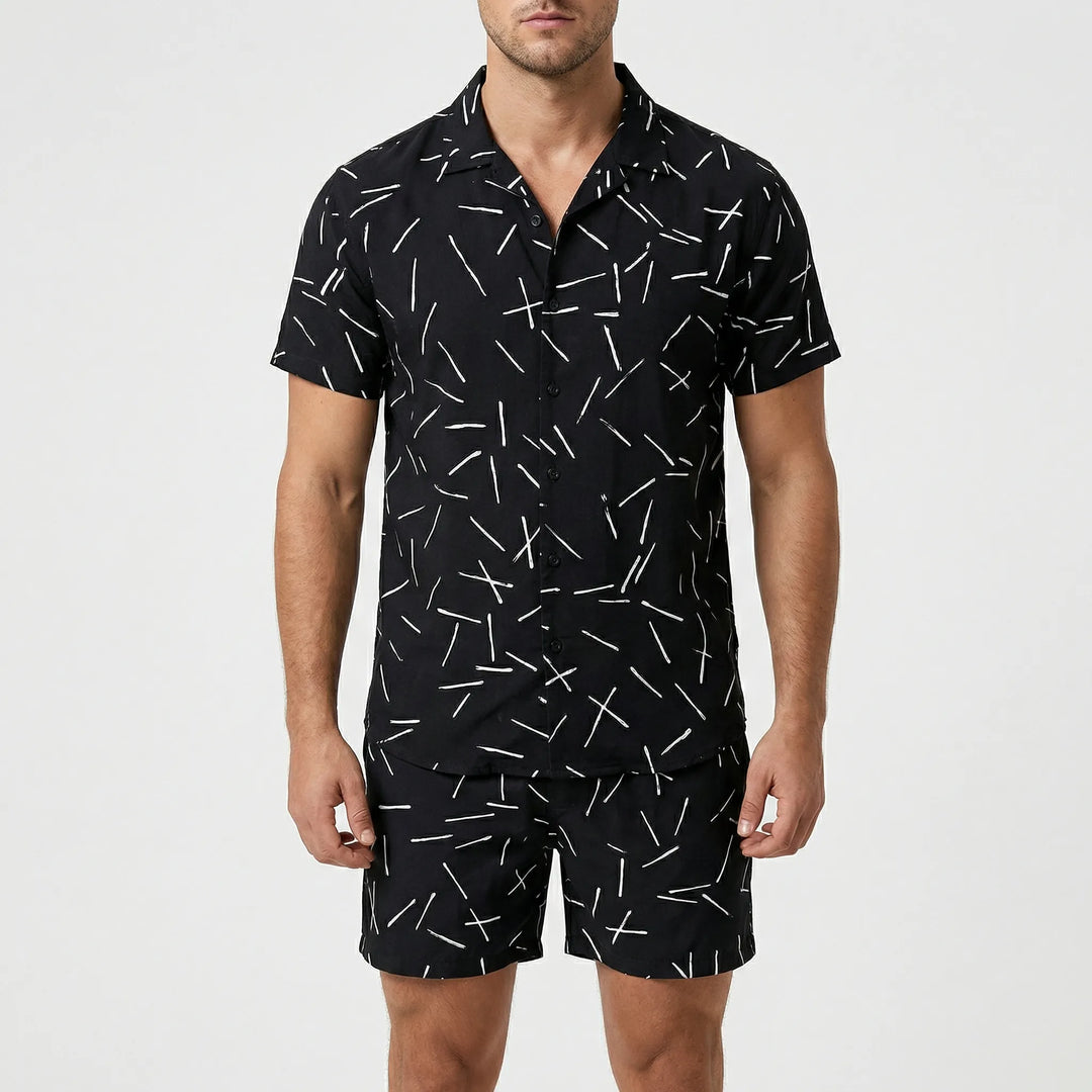 Men's casual print summer set for beach, vacation, or relaxed warm-weather outings. Two-piece comfort.