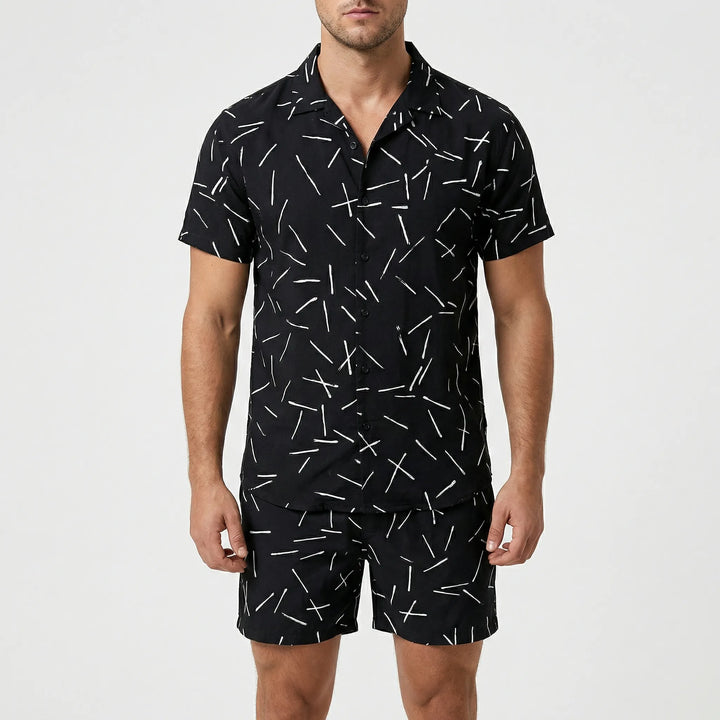 Men's casual print summer set for beach, vacation, or relaxed warm-weather outings. Two-piece comfort.