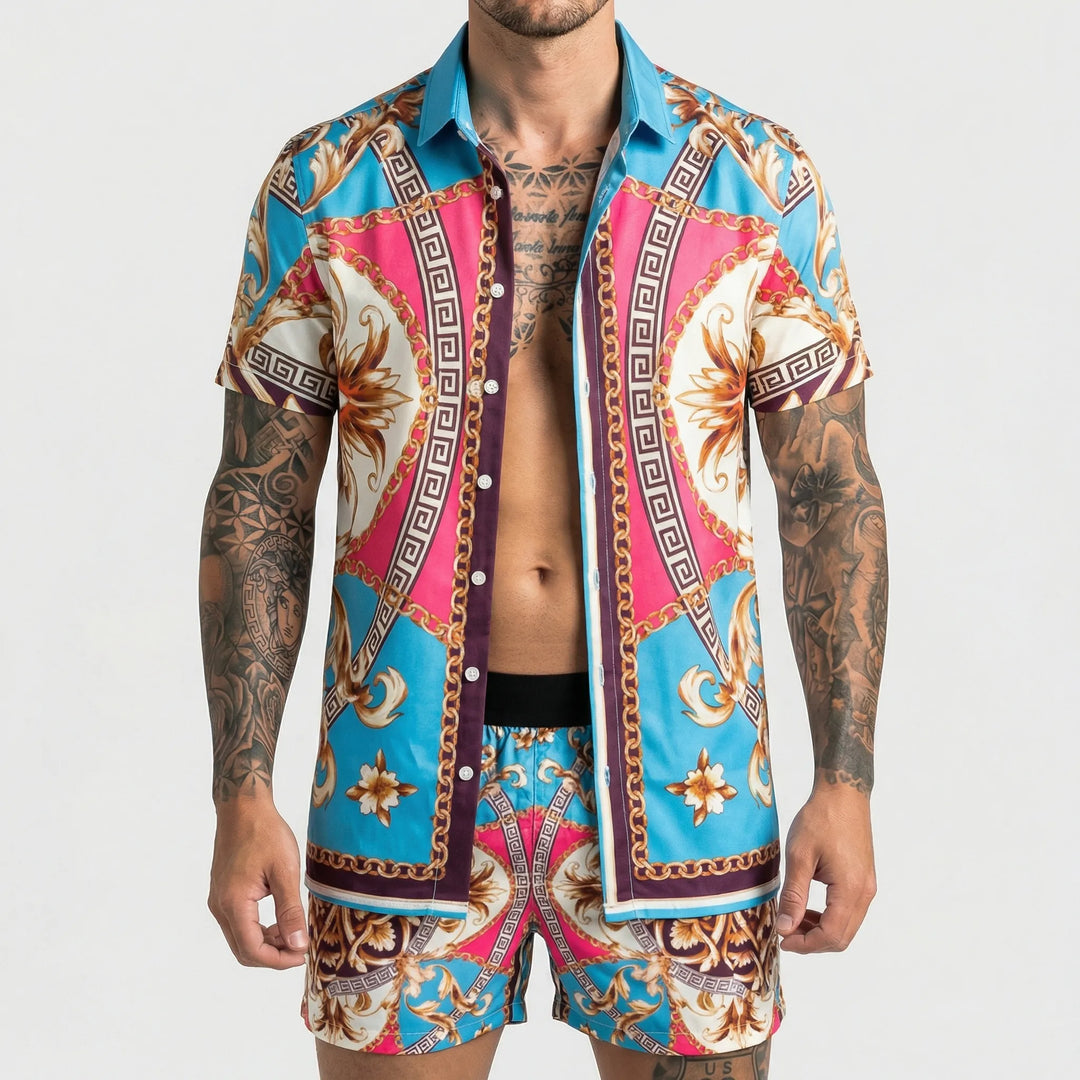 Men's vibrant bold print summer two-piece set, a trendy choice for relaxed vacation & casual wear.