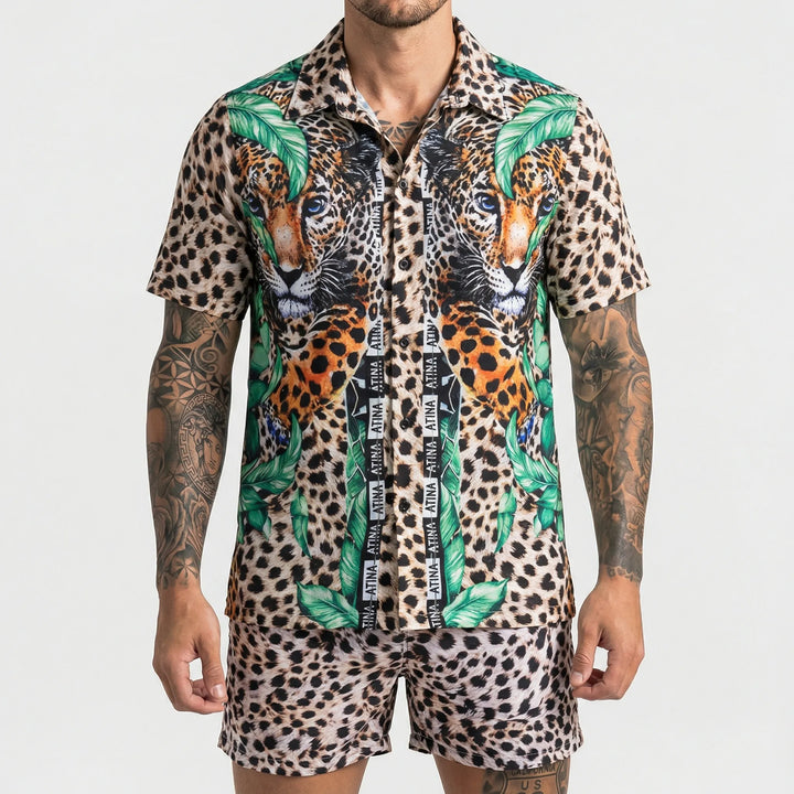 Complete men's summer outfit: a two-piece set with a stylish printed shirt and comfortable matching shorts.