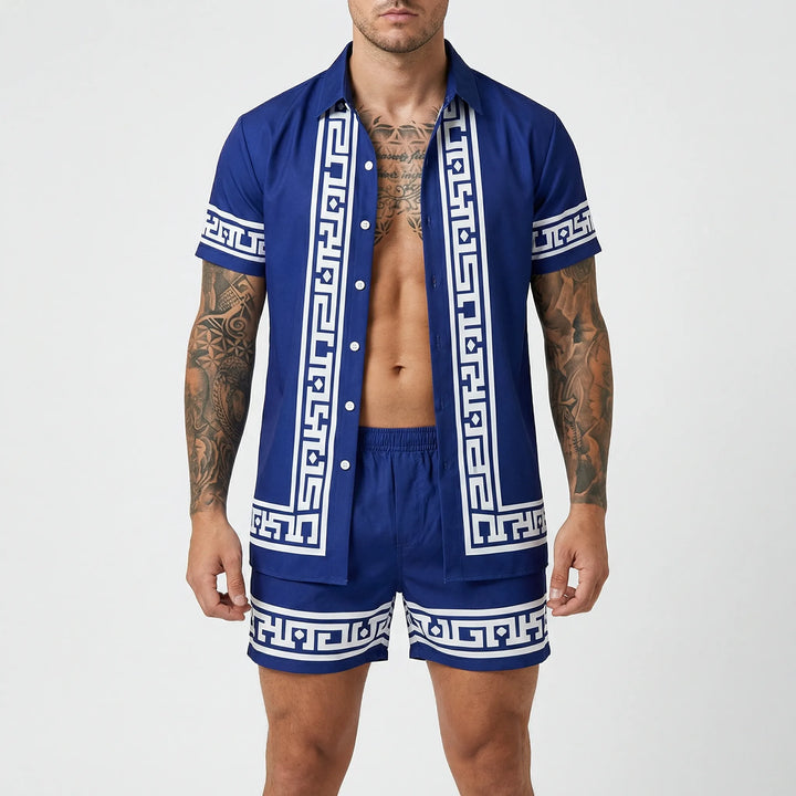Coordinated men's summer outfit: bold print shirt & shorts two-piece set, perfect for casual vacation days.