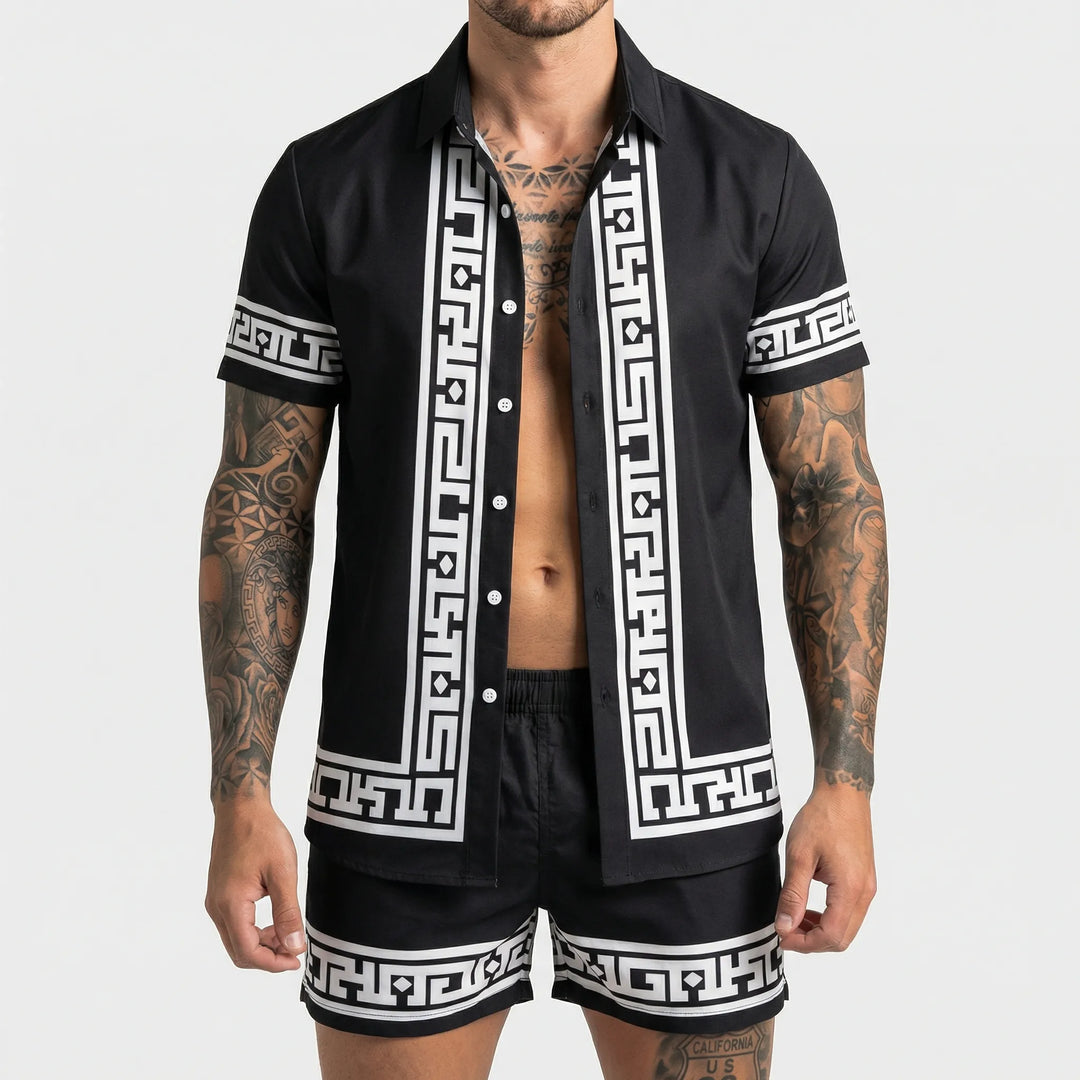 Jamal men's bold print two-piece summer set, a stylish & comfortable casual vacation outfit. Relaxed fit.