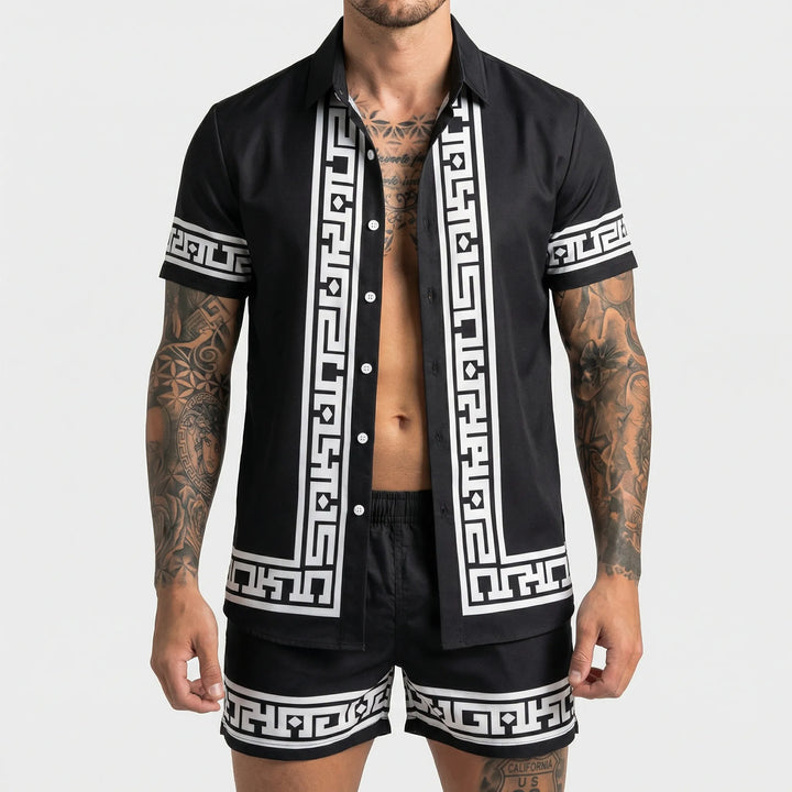 Jamal men's bold print two-piece summer set, a stylish & comfortable casual vacation outfit. Relaxed fit.