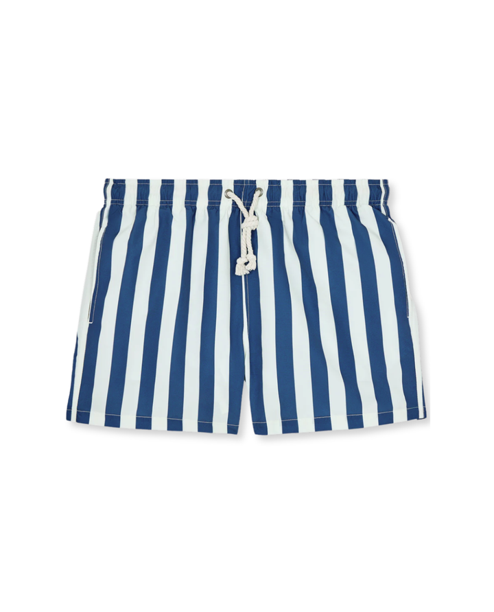 Lightweight men's swim shorts with bold stripes & elastic waist. Ideal for summer beachwear & pool activities.