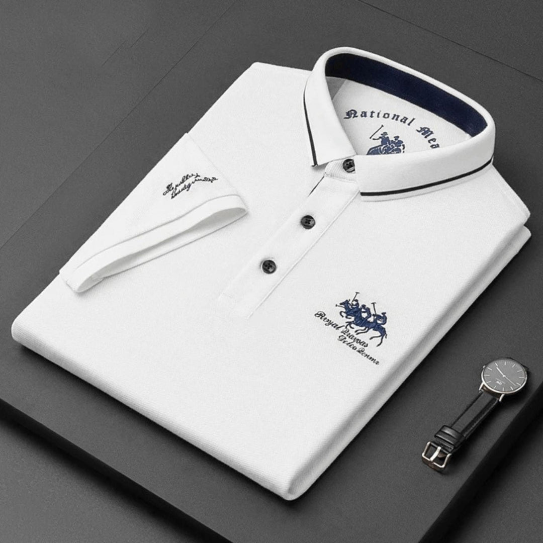 Breathable men's short sleeve polo shirt, featuring subtle embroidery, for a cool and sharp summer look.
