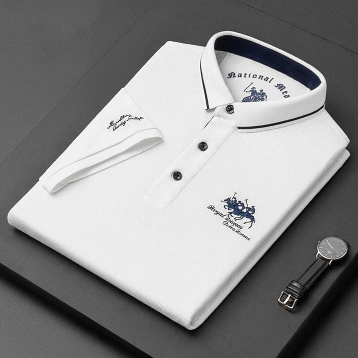 Breathable men's short sleeve polo shirt, featuring subtle embroidery, for a cool and sharp summer look.