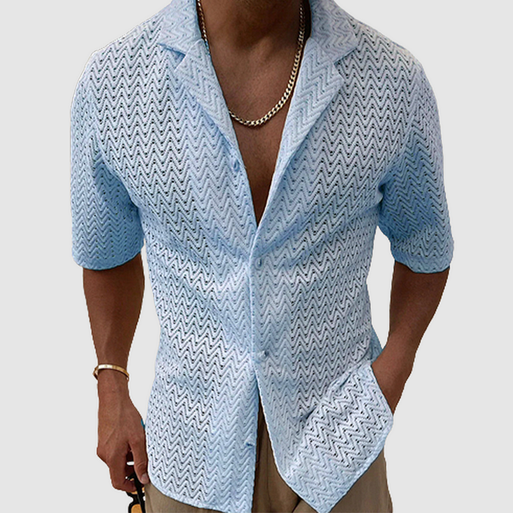 Men's breathable open-weave short sleeve shirt, perfect for summer casual wear and warm weather.
