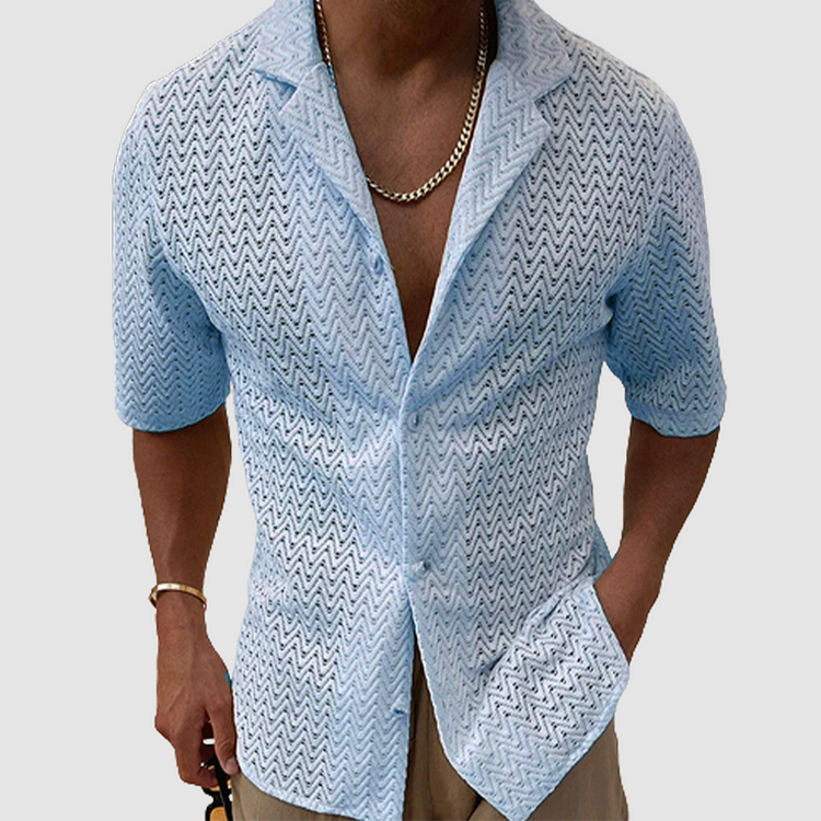Casual men's short sleeve leisure shirt with an open-weave design, ideal for summer fashion and relaxed fit.