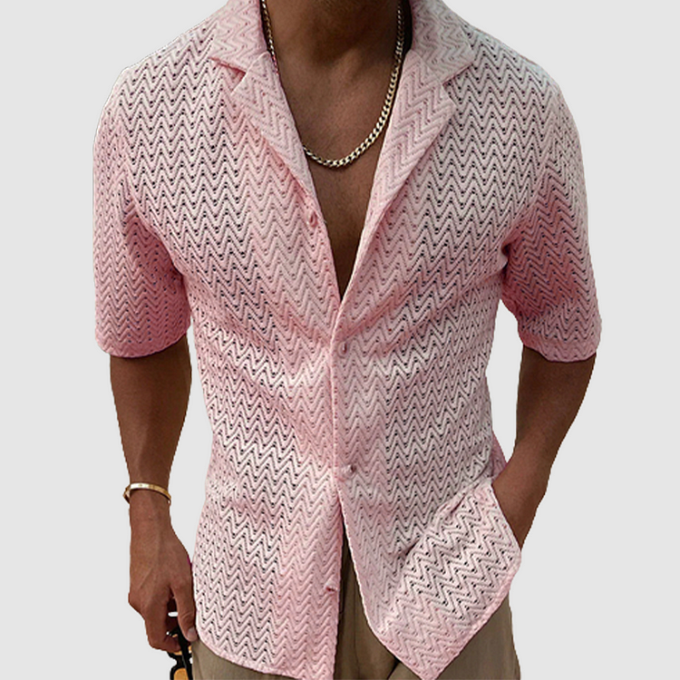 Summer fashion: Men's breathable short sleeve shirt with open weave, a casual button-down for warm weather.