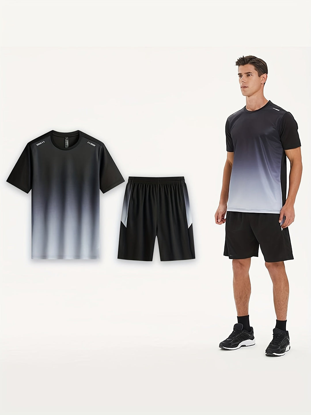 Lightweight men's activewear sport set with breathable t-shirt & shorts, ideal for summer fitness & gym.