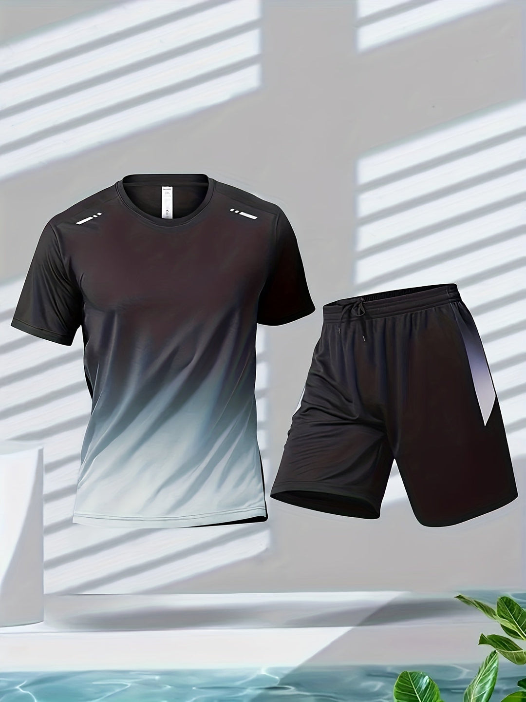 Men's breathable quick-dry sport set: performance T-shirt & athletic shorts for running, gym, and active wear.