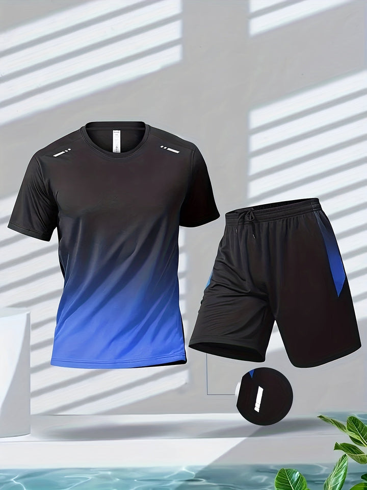 Complete men's workout gear: breathable short-sleeve T-shirt & athletic shorts set, suitable for gym or casual sport.