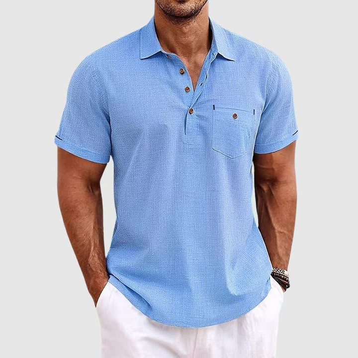 Men's breathable polo shirt with chest pocket, short sleeve for summer comfort.